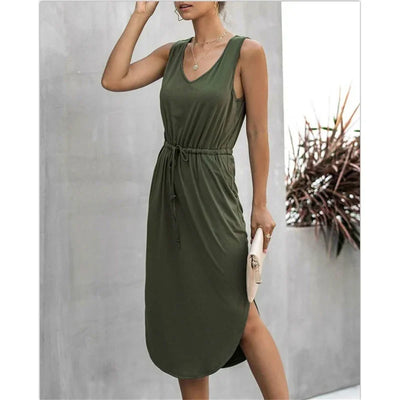 Summer Sleeveless Baumwolle Casual Women Midi V-Neck Solid Tank Dress
