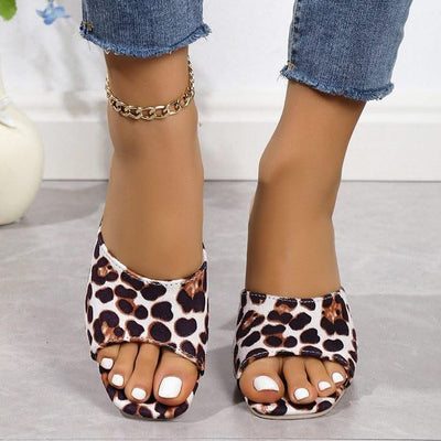 Leopard Square Toe Sandals Summer High-heeled Slippers Chunky Heel Shoes For Women - Elanique