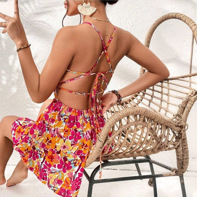 Women's Floral Print Dress Summer Lace-up Back Seaside Holiday Short Dresses - Elanique