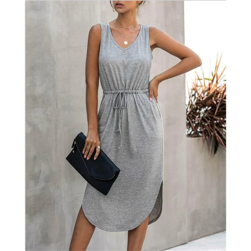 Summer Sleeveless Baumwolle Casual Women Midi V-Neck Solid Tank Dress