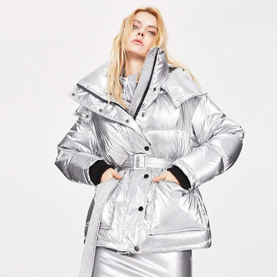 Winter Jacket Thick Mid-length Waist White Duck Down Jackets Slim Belt Silver Shiny Parka Women Coat - Elanique