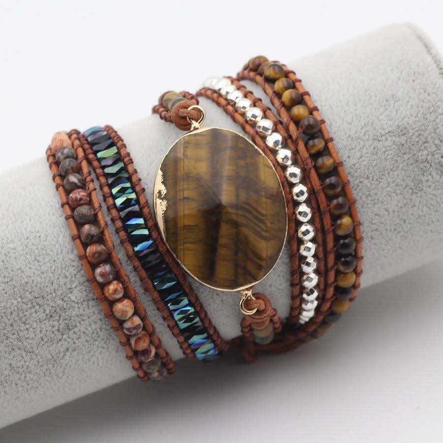 Natural Stone Bracelet for Men and Women Tiger Eye Beaded Hand-woven Leather Bracelet Punk Rock Couples Hand Accessories - Elanique