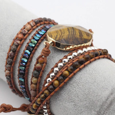 Natural Stone Bracelet for Men and Women Tiger Eye Beaded Hand-woven Leather Bracelet Punk Rock Couples Hand Accessories - Elanique