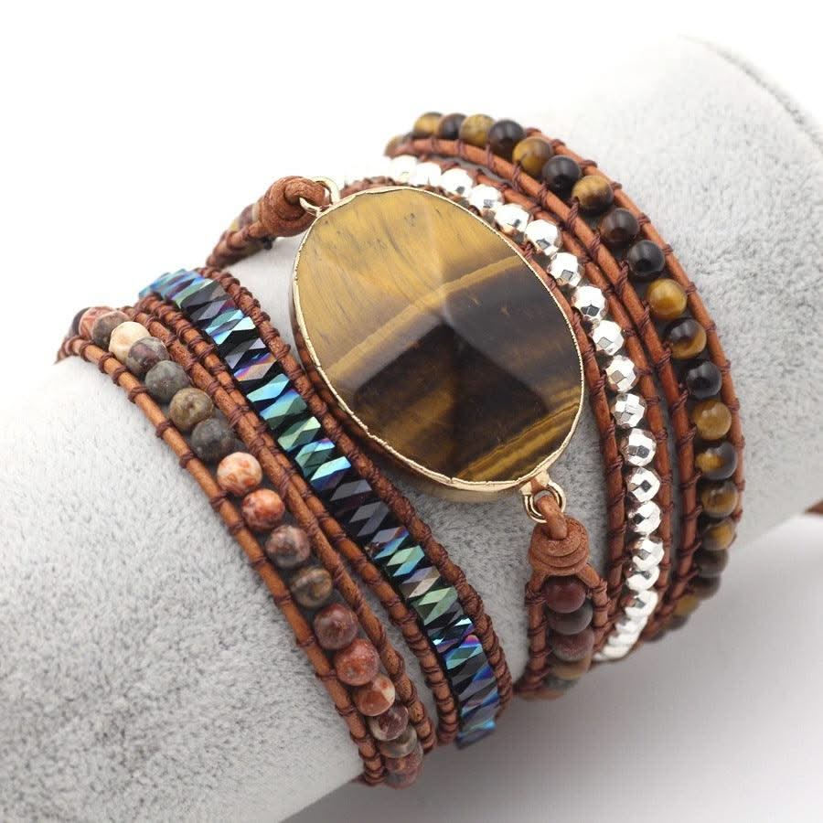 Natural Stone Bracelet for Men and Women Tiger Eye Beaded Hand-woven Leather Bracelet Punk Rock Couples Hand Accessories - Elanique