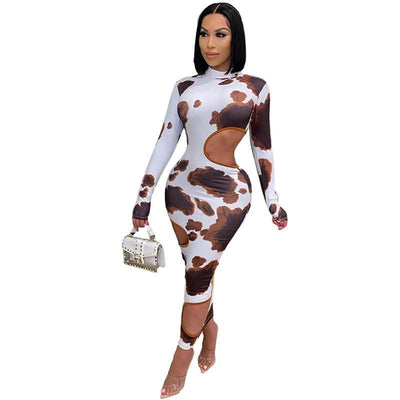Weird Puss Hollow Out Women Irregular Hole Maxi Dresses Skinny Full Sleeve Skinny o-Neck Activewear Party Prom Club Street Style - Elanique