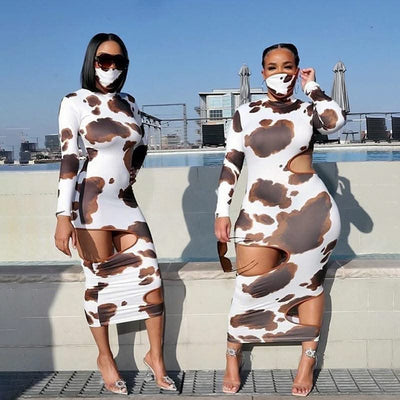 Weird Puss Hollow Out Women Irregular Hole Maxi Dresses Skinny Full Sleeve Skinny o-Neck Activewear Party Prom Club Street Style - Elanique