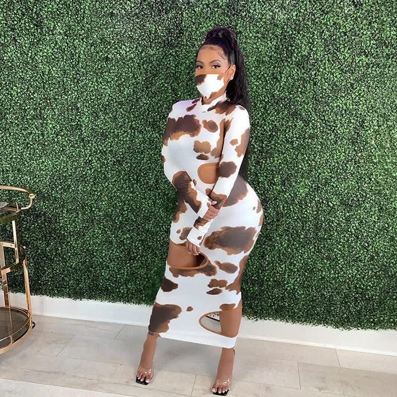 Weird Puss Hollow Out Women Irregular Hole Maxi Dresses Skinny Full Sleeve Skinny o-Neck Activewear Party Prom Club Street Style - Elanique