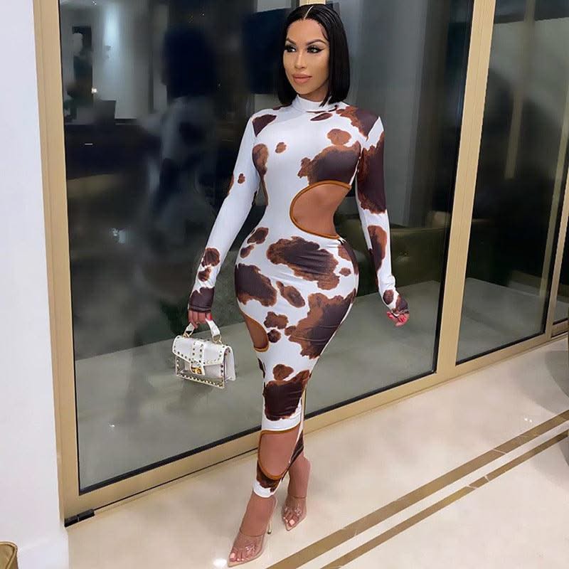 Weird Puss Hollow Out Women Irregular Hole Maxi Dresses Skinny Full Sleeve Skinny o-Neck Activewear Party Prom Club Street Style - Elanique