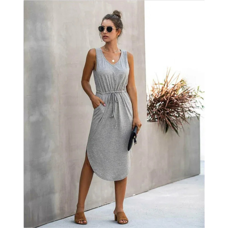 Summer Sleeveless Baumwolle Casual Women Midi V-Neck Solid Tank Dress