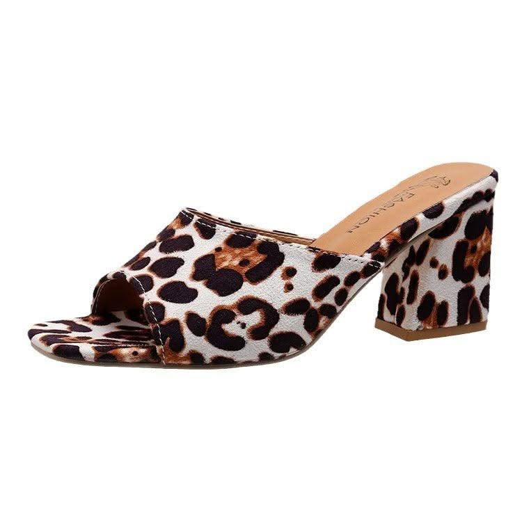 Leopard Square Toe Sandals Summer High-heeled Slippers Chunky Heel Shoes For Women - Elanique