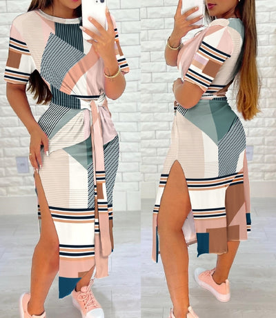 Women Elegant Dress 2024 Summer Latest Fresh and Sweet Fashionable Style Wave Point Irregular Place Up Printed V-Neck Long Skirt