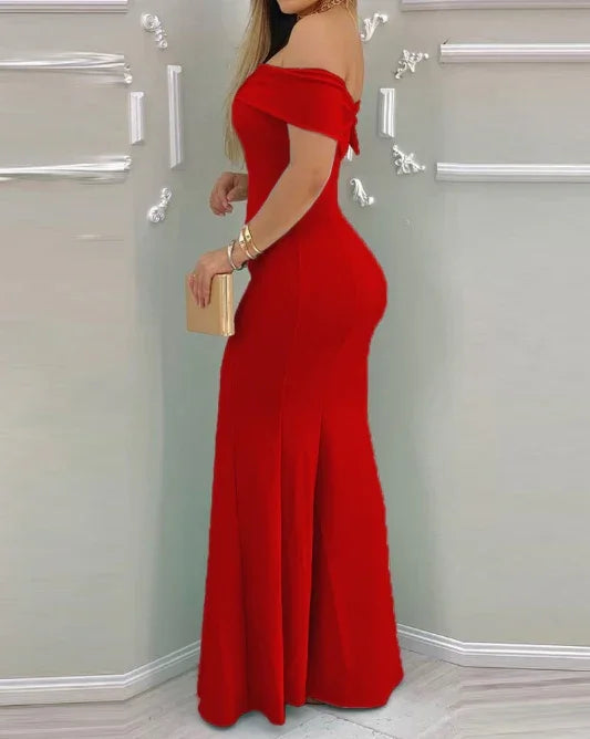 Women's Evening Dress 2024 Spring/summer Latest Intelligent Solid Color Red Temperation One Shoulder Party Tight Long Skirt