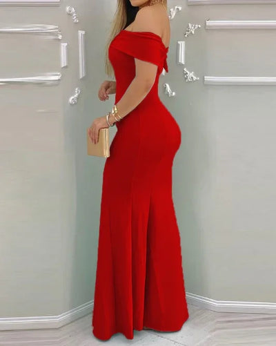 Women's Evening Dress 2024 Spring/summer Latest Intelligent Solid Color Red Temperation One Shoulder Party Tight Long Skirt