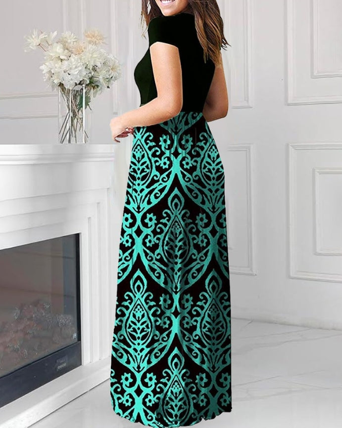 Women Elegant Dress 2024 Summer Latest Fresh and Sweet Fashionable Style Wave Point Irregular Place Up Printed V-Neck Long Skirt