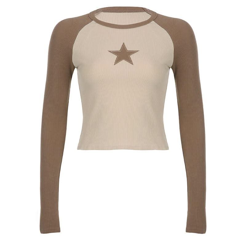 Stars Patchwork Long Sleeve T-shirts Women Slim Tops - Elanique
