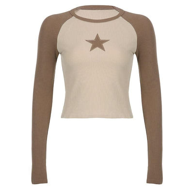 Stars Patchwork Long Sleeve T-shirts Women Slim Tops - Elanique