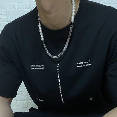 Hip Hop Titanium Steel Stitching Pearl Necklace - Elanique