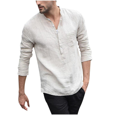 Men Vintage White Shirt Button Linen Shirts - Elanique