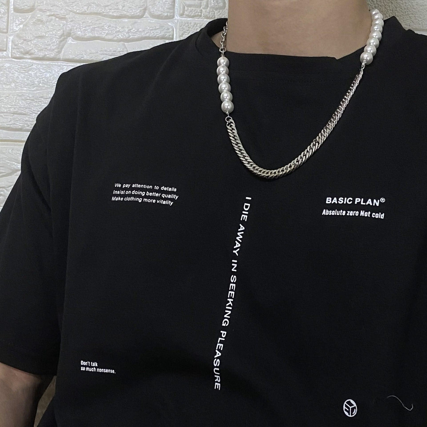 Hip Hop Titanium Steel Stitching Pearl Necklace - Elanique
