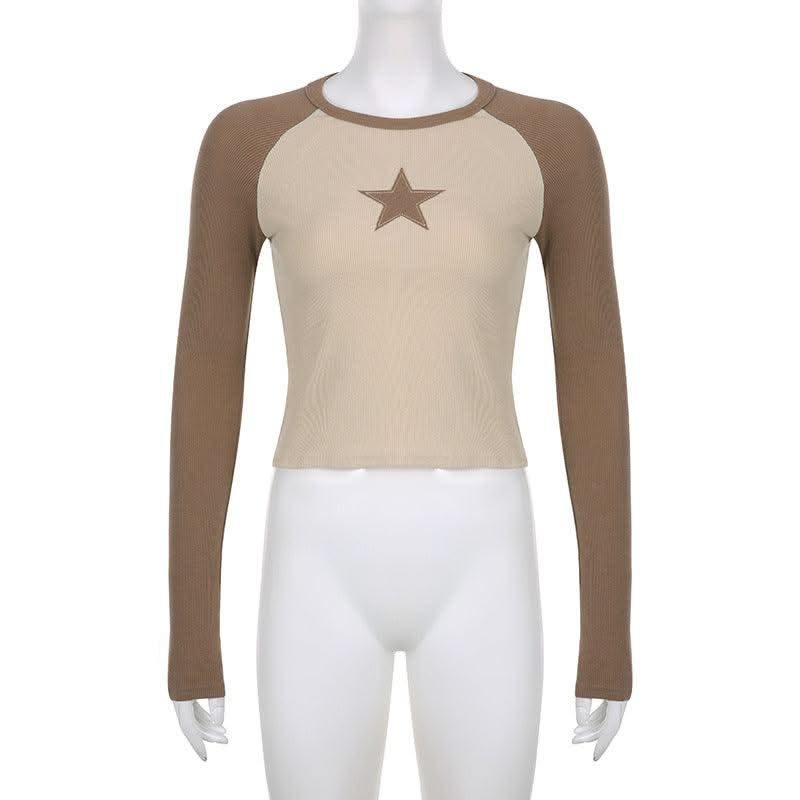 Stars Patchwork Long Sleeve T-shirts Women Slim Tops - Elanique