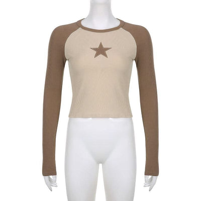 Stars Patchwork Long Sleeve T-shirts Women Slim Tops - Elanique