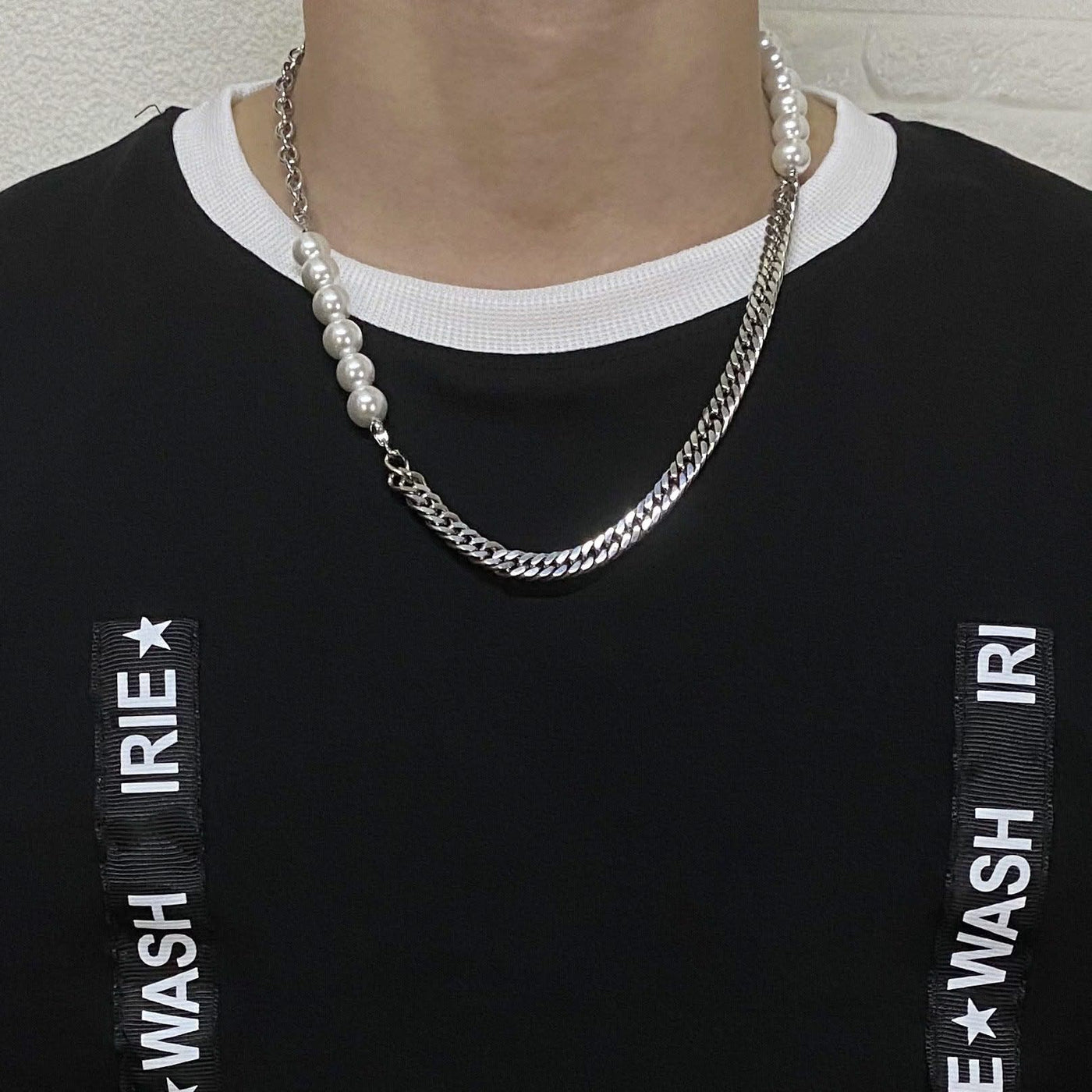 Hip Hop Titanium Steel Stitching Pearl Necklace - Elanique