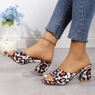 Leopard Square Toe Sandals Summer High-heeled Slippers Chunky Heel Shoes For Women - Elanique