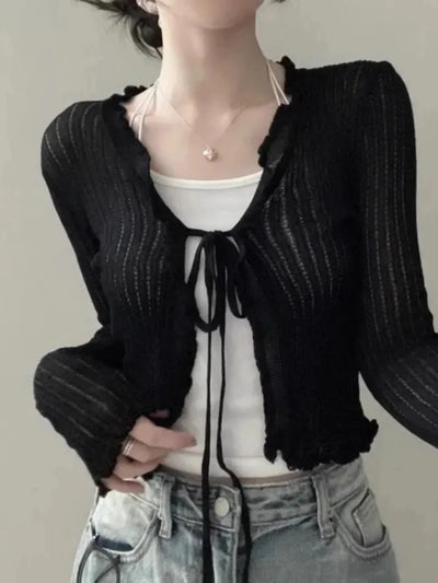 Ruffled Trim Tie Front Long Sleeve Crop Top Women Long Sleeve Open Front Ribbed Knit Cardigan Sweater Summer Fairycore Outfit