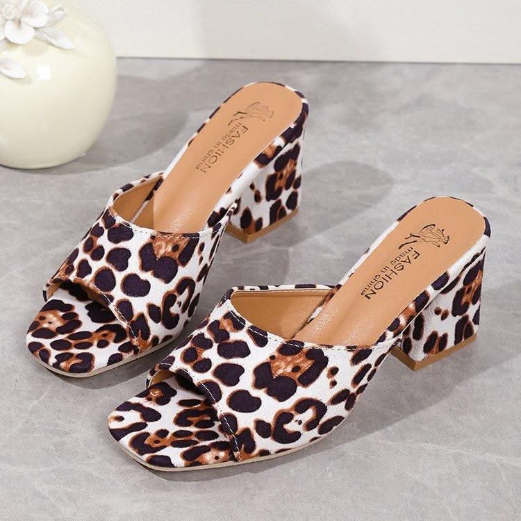 Leopard Square Toe Sandals Summer High-heeled Slippers Chunky Heel Shoes For Women - Elanique