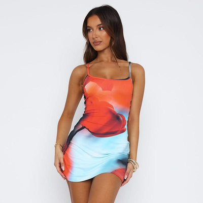 Summer Flowers Printed Suspender Dress Fashion Slim Square Neck Short Dresses Beach Clothing For Women - Elanique