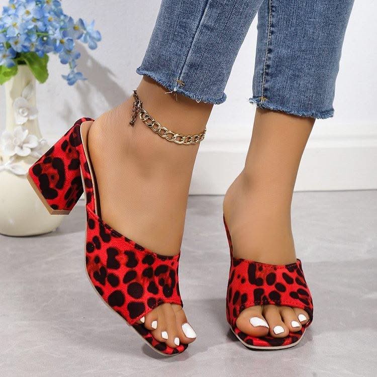 Leopard Square Toe Sandals Summer High-heeled Slippers Chunky Heel Shoes For Women - Elanique