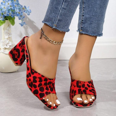 Leopard Square Toe Sandals Summer High-heeled Slippers Chunky Heel Shoes For Women - Elanique