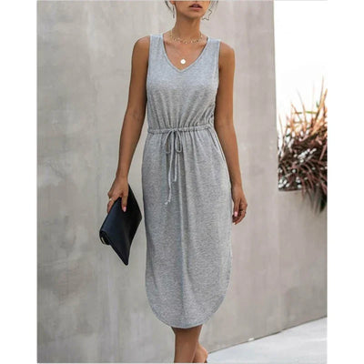 Summer Sleeveless Baumwolle Casual Women Midi V-Neck Solid Tank Dress