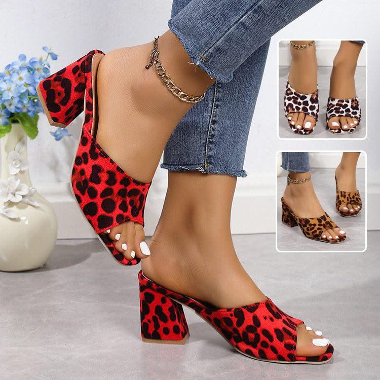 Leopard Square Toe Sandals Summer High-heeled Slippers Chunky Heel Shoes For Women - Elanique