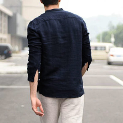 Men Vintage White Shirt Button Linen Shirts - Elanique