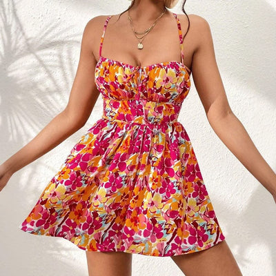 Women's Floral Print Dress Summer Lace-up Back Seaside Holiday Short Dresses - Elanique