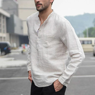 Men Vintage White Shirt Button Linen Shirts - Elanique