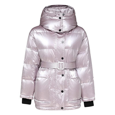 Winter Jacket Thick Mid-length Waist White Duck Down Jackets Slim Belt Silver Shiny Parka Women Coat - Elanique