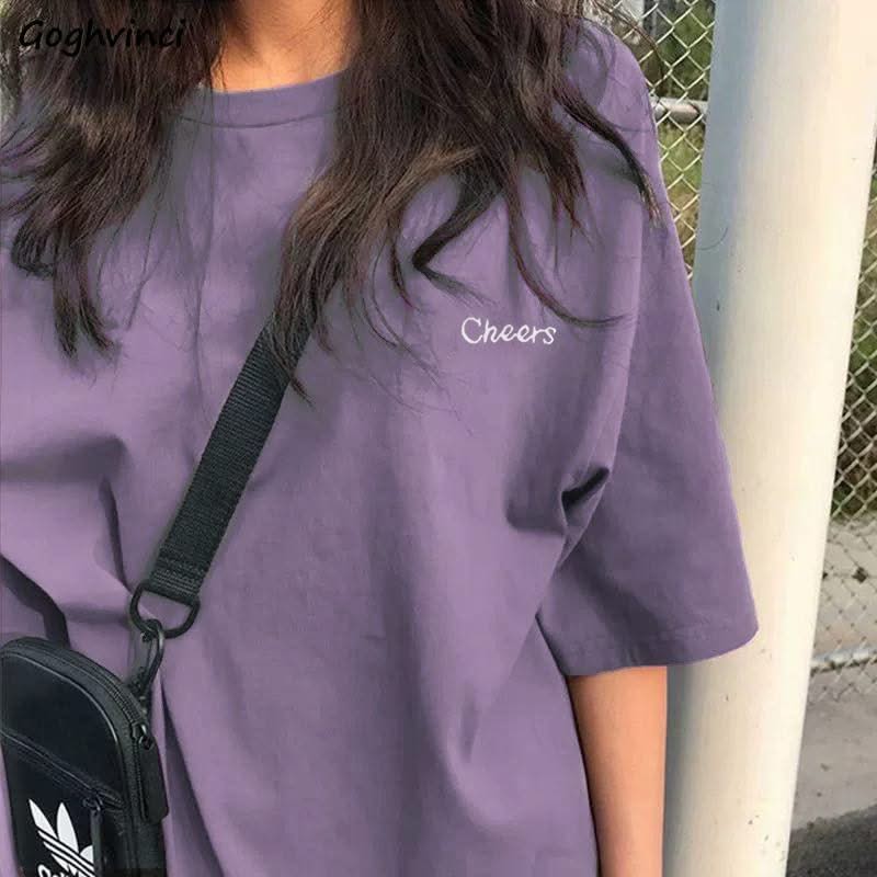 Women Short Sleeve T-Shirts Loose Casual Letter Embroidery - Elanique