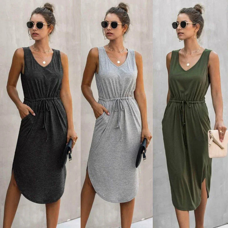Summer Sleeveless Baumwolle Casual Women Midi V-Neck Solid Tank Dress