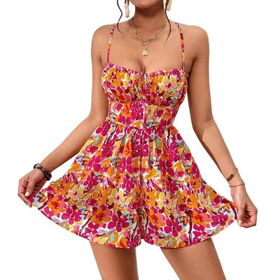 Women's Floral Print Dress Summer Lace-up Back Seaside Holiday Short Dresses - Elanique