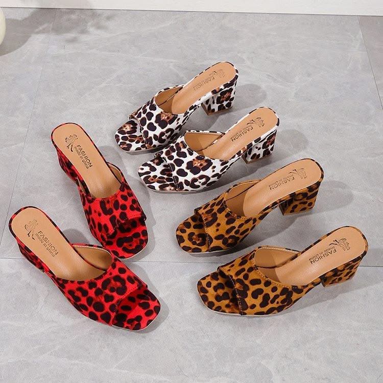 Leopard Square Toe Sandals Summer High-heeled Slippers Chunky Heel Shoes For Women - Elanique