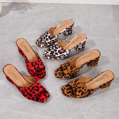 Leopard Square Toe Sandals Summer High-heeled Slippers Chunky Heel Shoes For Women - Elanique