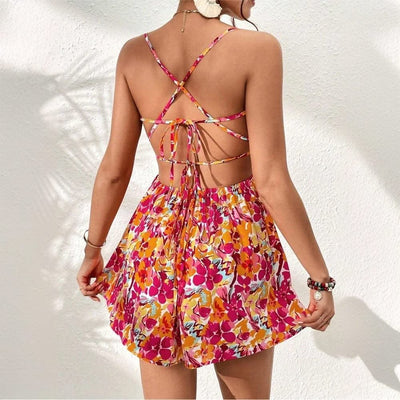 Women's Floral Print Dress Summer Lace-up Back Seaside Holiday Short Dresses - Elanique