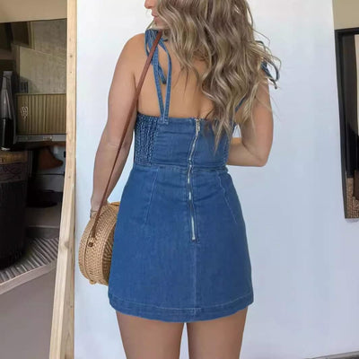Square Neck Suspender Split Denim Dress With Back Zipper Design Summer Fashion Slim Sling Short Dresses For Women - Elanique