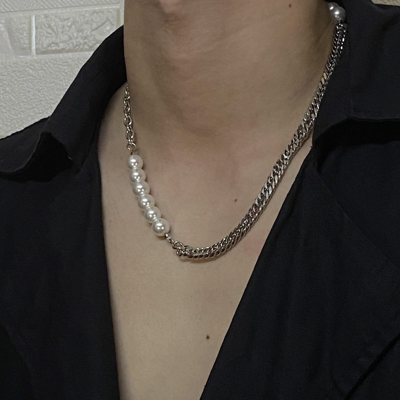 Hip Hop Titanium Steel Stitching Pearl Necklace - Elanique