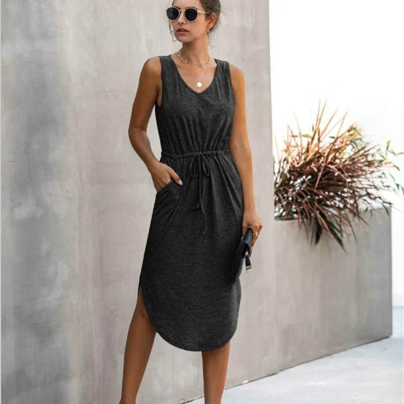 Summer Sleeveless Baumwolle Casual Women Midi V-Neck Solid Tank Dress