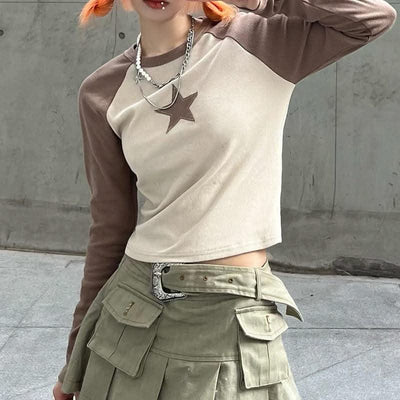 Stars Patchwork Long Sleeve T-shirts Women Slim Tops - Elanique