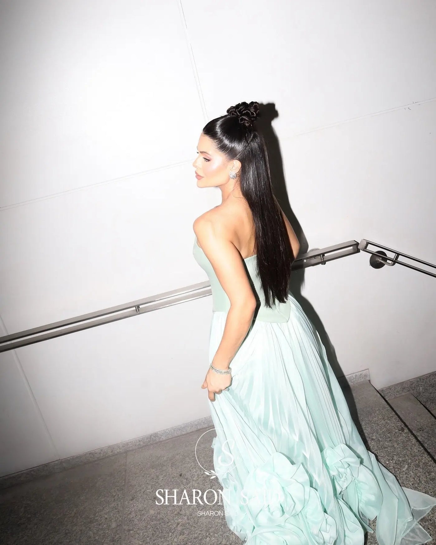 Sharon Said Elegant Green Strapless Evening Dress with 3D Flowers Arabic for Women Wedding Dress Gown SF411 Customized