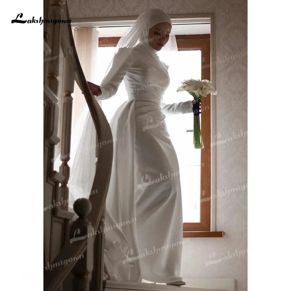 Muslim Wedding Dresses Mermaid Woman's Long Sleeve High Neck Satin Formal Bride Gown